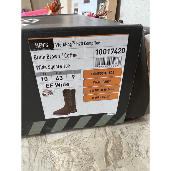 Ariat Bruin Brown Leather Workhog Wide Square Toe H2O Work Boots 10EE NIB - Picture 9 of 10